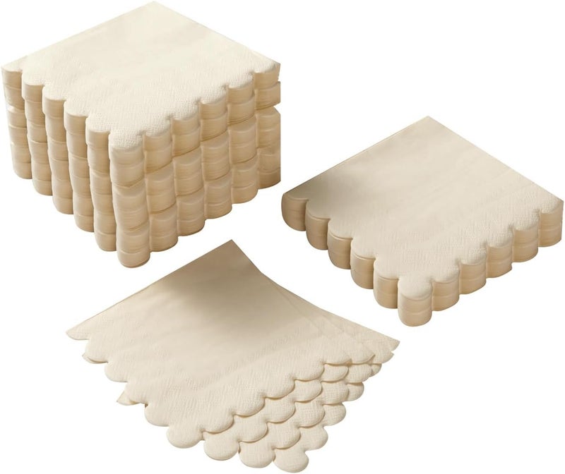200 Pack Cocktail Napkin 2Ply Scalloped Edged Dessert Napkins Folded 5 x 5 Inches Disposable Napkins for Dinner Wedding Birthday Party Bridal Anniversary Reception Event MilkyWhite